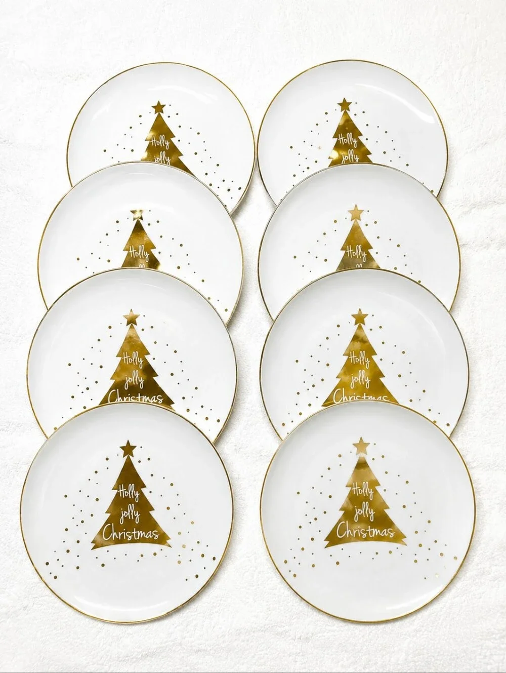 Pier 1 Holly Jolly Christmas Metallic Gold Porcelain 8 Dessert Appetizer Plates